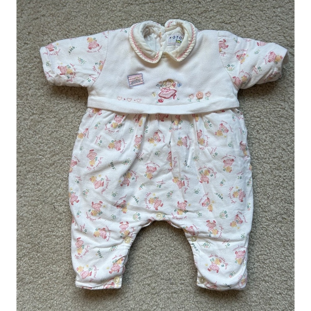 VTG Natalys French Newborn Baby Romper Floral Cottagecore Peter Pan Collar Cream
